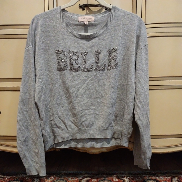 Philosophy Gray Cropped Top Long Sleeves Size L w/ BELLE Beaded Word - Picture 7 of 14